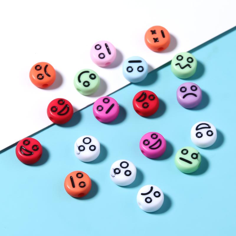 100Pcs/Lot 7mm Acrylic Beads Emoticon Pattern Color Flat Round Hole Size 1.3mm Beads Diy Cute Bracelet Necklace Accessories