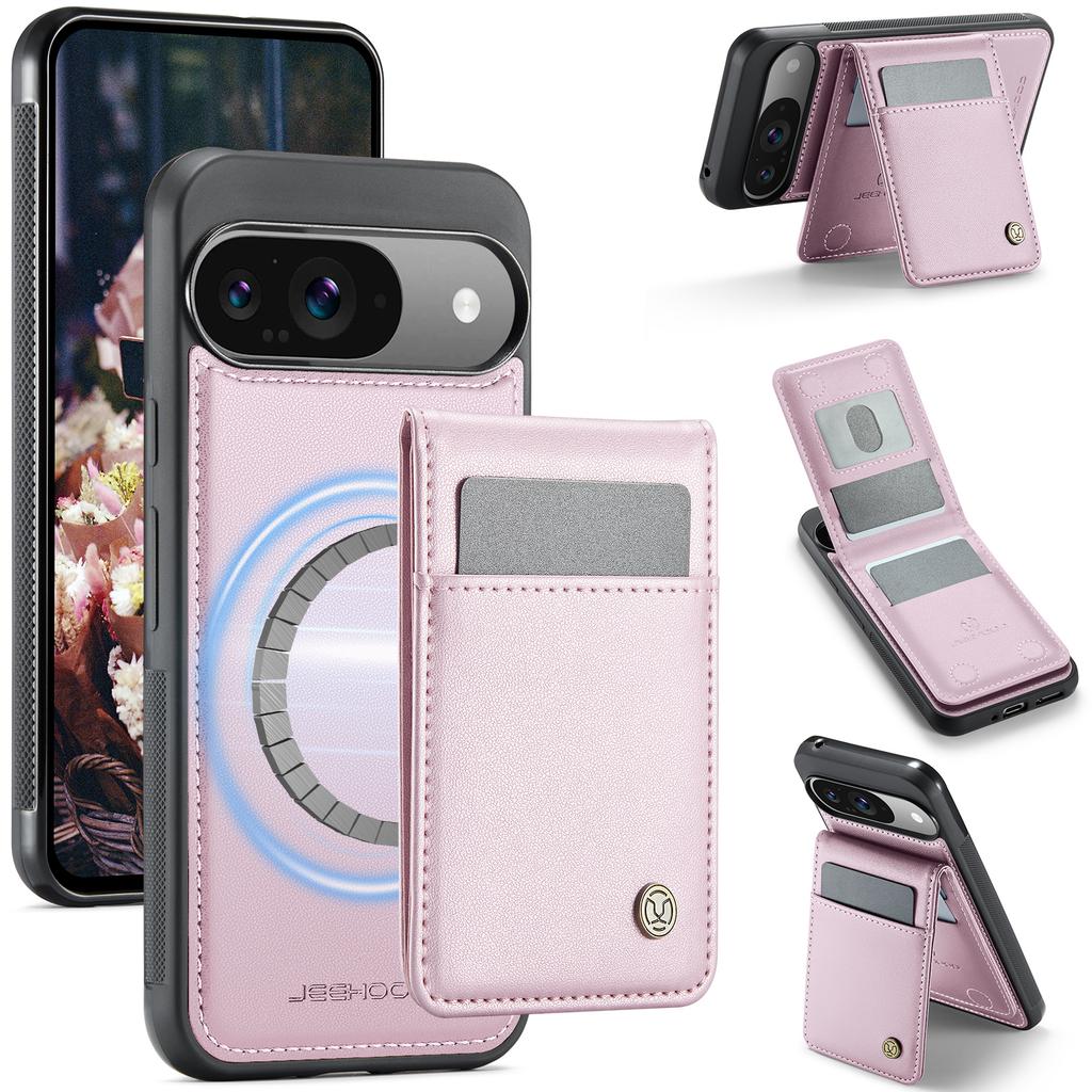 For Google Pixel 9 Pro/Google Pixel 9 Leather Back Cover Compatible with MagSafe JEEHOOD J06 Phone Case with Card Bag RFID Blocking