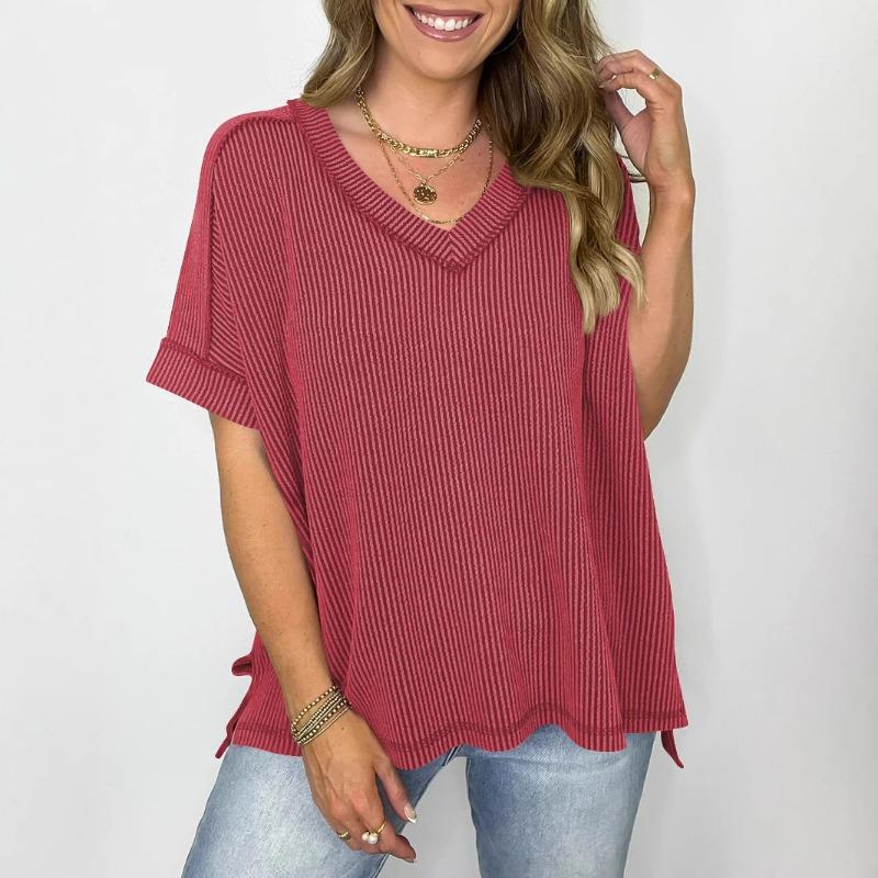 Women European Style V Neck Batwing Sleeve Spliced Slit Loose Pullover T Shirt