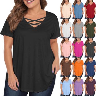 Damenmode Lässig Einfarbig V-Ausschnitt Kurzarm Große Größe T-Shirt Top