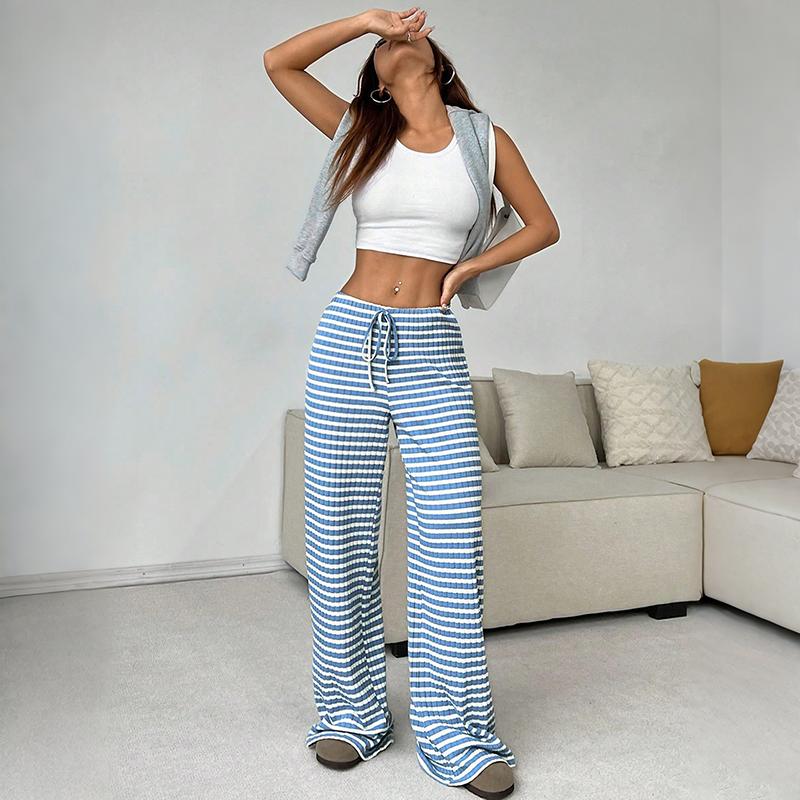 Women Spring Summer Casual Sport Drawstring High-Waisted Stripedd Straight-leg Pants