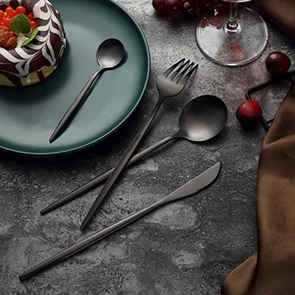 Geschirrset, 24 Edelstahlgeschirr für 6 Personen, ein Geschirrset, schwarzes Geschirr, Messer- und Gabelgeschirr, Löffel, für die Spülmaschine