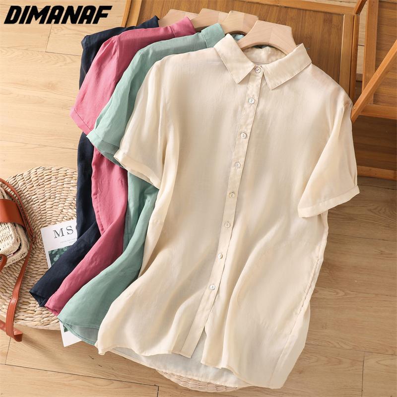 

DIMANAF 2023 Plus Size Новая Летняя Блузка Винтажный Дизайн Хлопковая Повседневная Рубашка Короткий Рукав Модные Пуговицы Женская Свободная Рубашка Отложной Воротник M бежевый