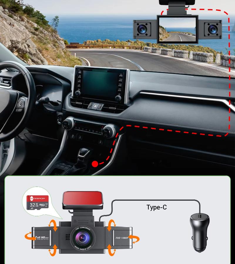 New 3 Channel Dash Cam Video Recorder Three Lens Front Back Left Car Camera with Rear View DVR 1080P Monitor Black Box Car Accessories