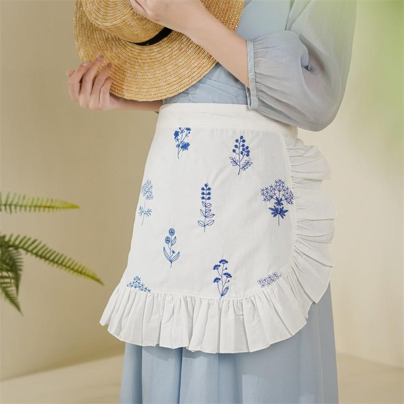 Half-waist women's outdoor picnic camping cotton small daisy embroidered white half-length apron