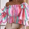 Sleeve Summer Neck Short Slash Dot Tie Dye Blouse Womens Ruffles Floral Print Crop Tops