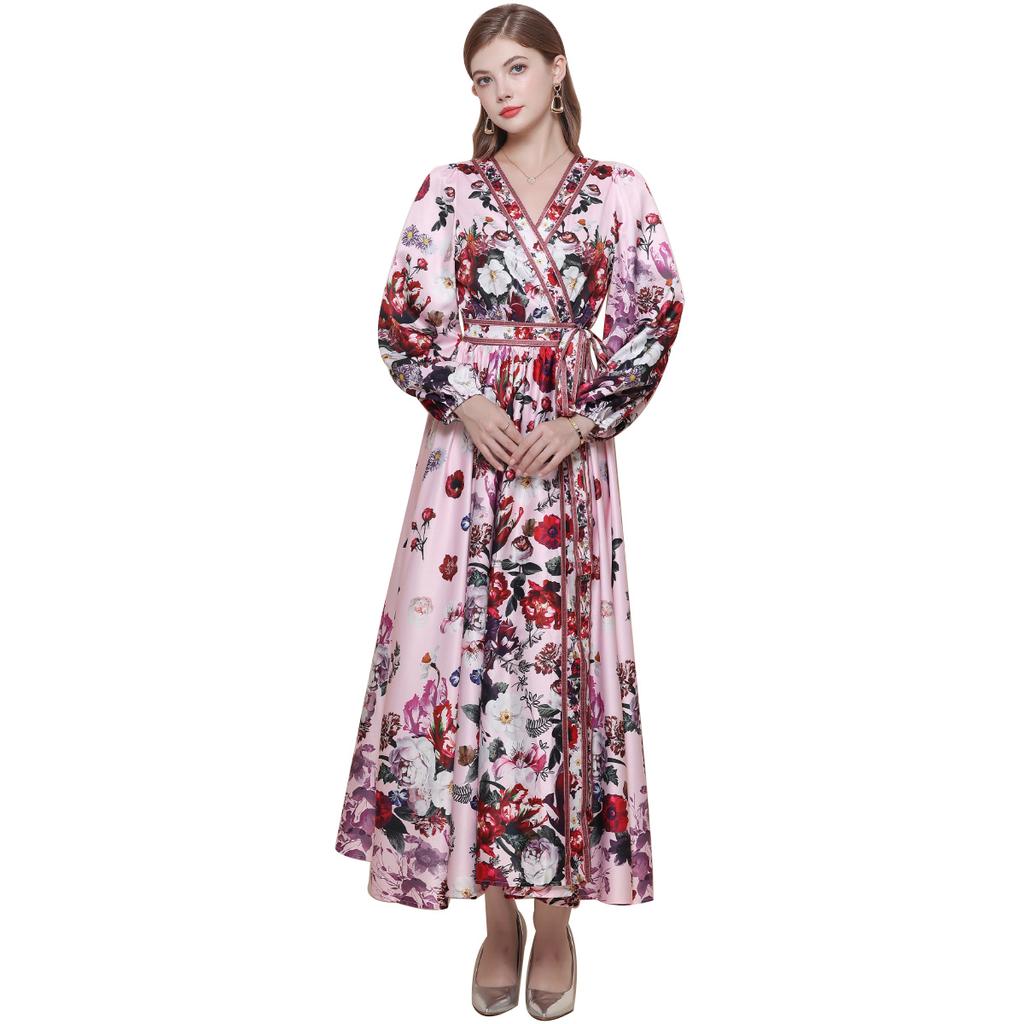 Spring Vintage Floral Maxi Dresses for Women Runway Cross V-Neck Long Lantern Sleeve Sashes Beach Holiday Dress Boho Robe