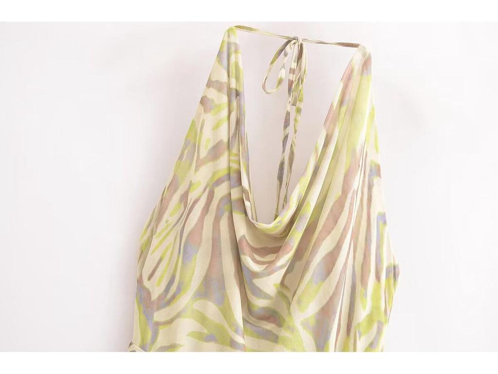 2025 Spring Women's Cowl Neck Knit Dress with Lined Halter Neck and Slit Hem