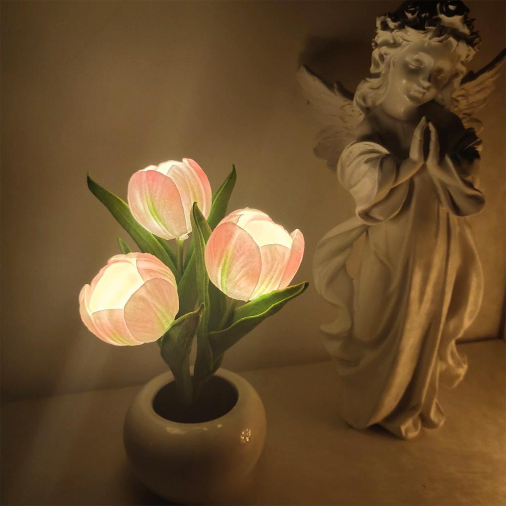 LED Tulip Flower Pot Light Indoor Decorative Night Light Warm Glow Ceramic Table Lamp Battery Operated