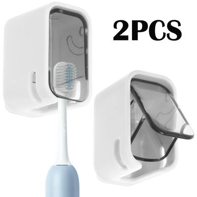 2Pcs Single Slot Design Toothbrush Holder Wall Mounted with Cover Strong Adhesive No Drilling with Drainage Holes for Bathroom