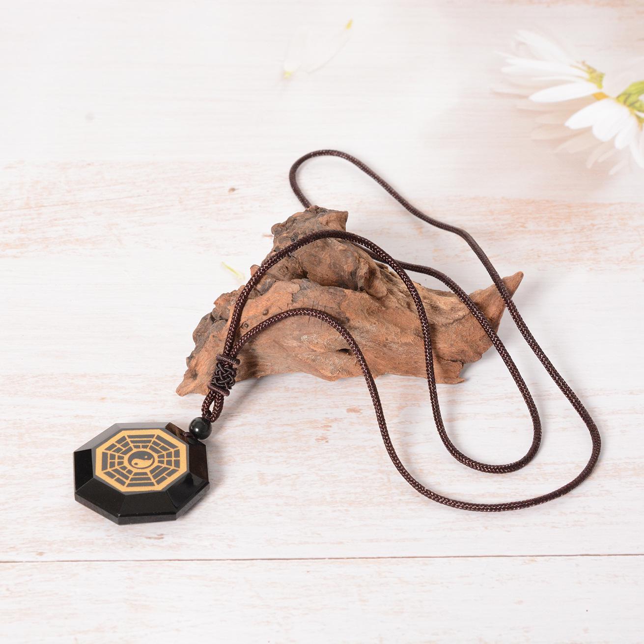 Black Obsidian Yin Yang Tai Chi Pendant Necklace with Hot Stamping and Double-Sided Design