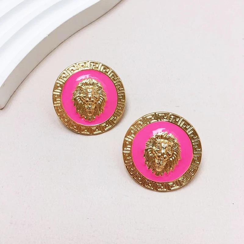 Embossed Pattern Enamel Lion Head Stud Earring for Women Round Earrings Post Hip Hop Exaggerated Earring Jewelry