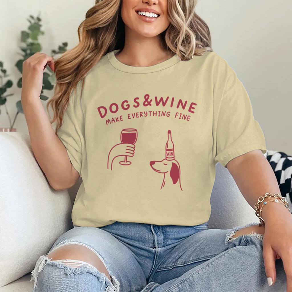 Hunde Und Wein Machen Alles Gut Lustige Vintage Grafik T-Shirts Tier Shirt Mode Hundemama T-Shirts Geschenke Damen Y2K Oberteile