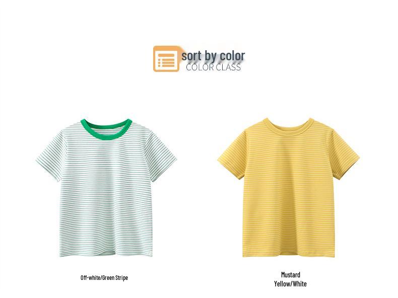 2026 Summer Boys' Korean Style Striped Lycra Cotton Round Neck T-shirt