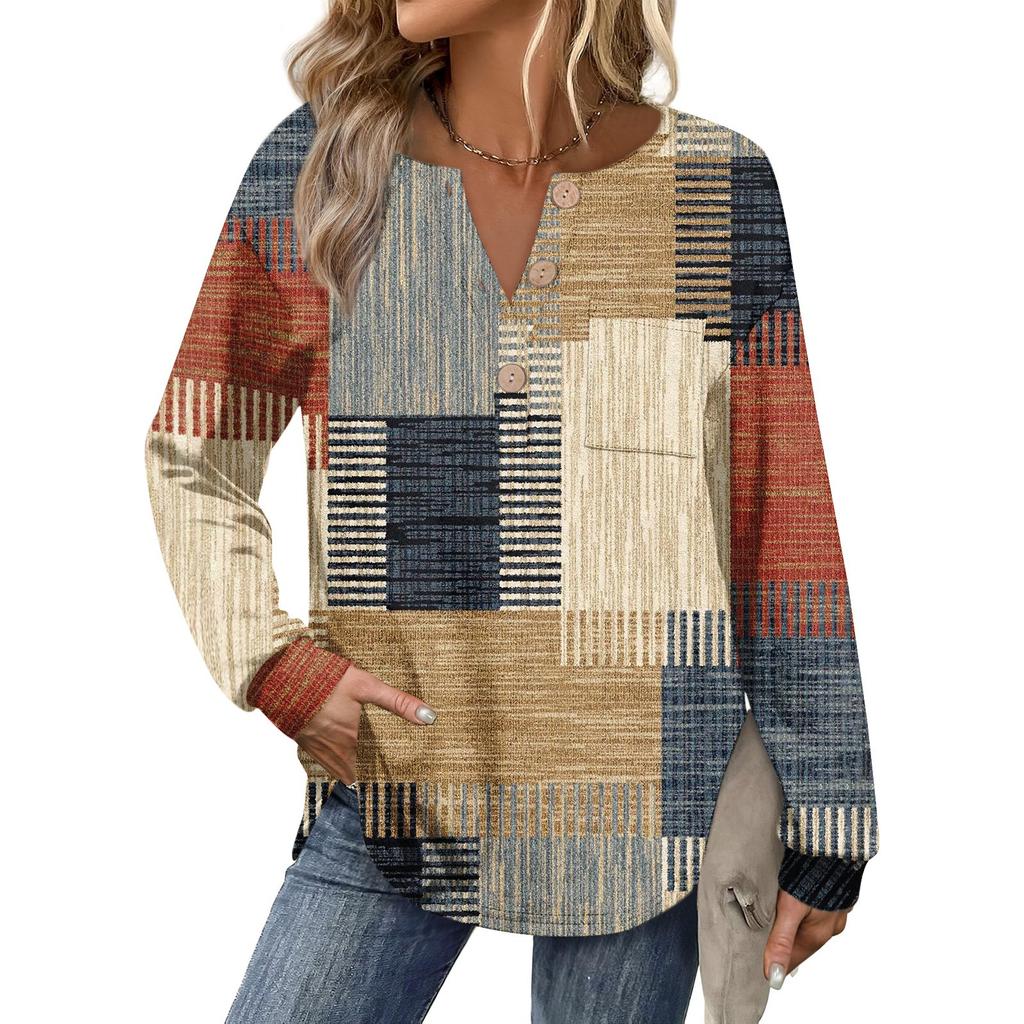 Top de damă retro cu imprimeu, la modă, cu mânecă lungă