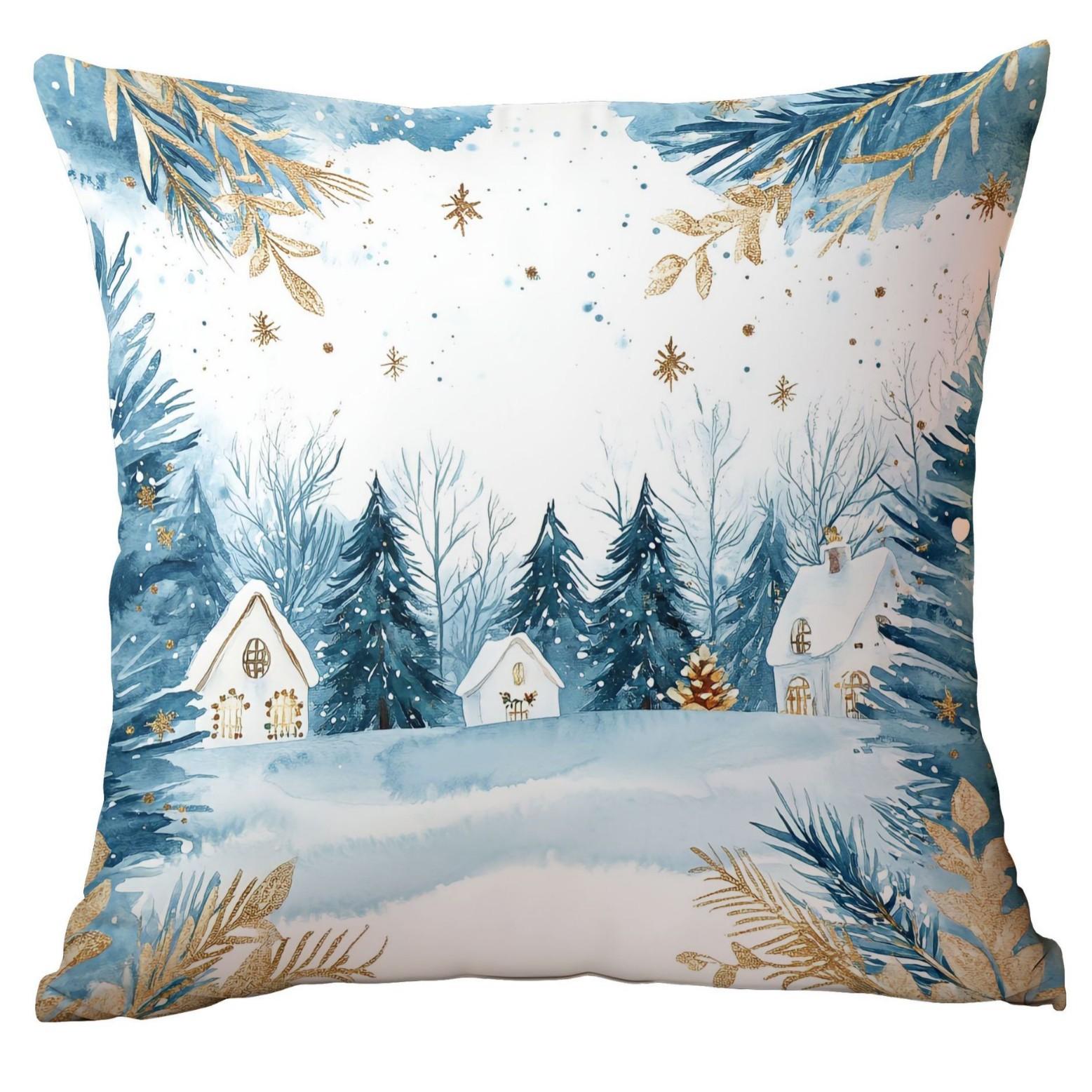 

New Christmas Pillow Cover Home Christmas Ornament Cushion Blue Christmas Balls Pine Tree Snow Scene Premium Durable