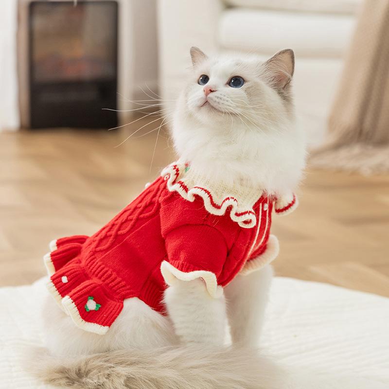 New autumn and winter cat clothes lapel flower pet sweater princess style dress German cat clothes