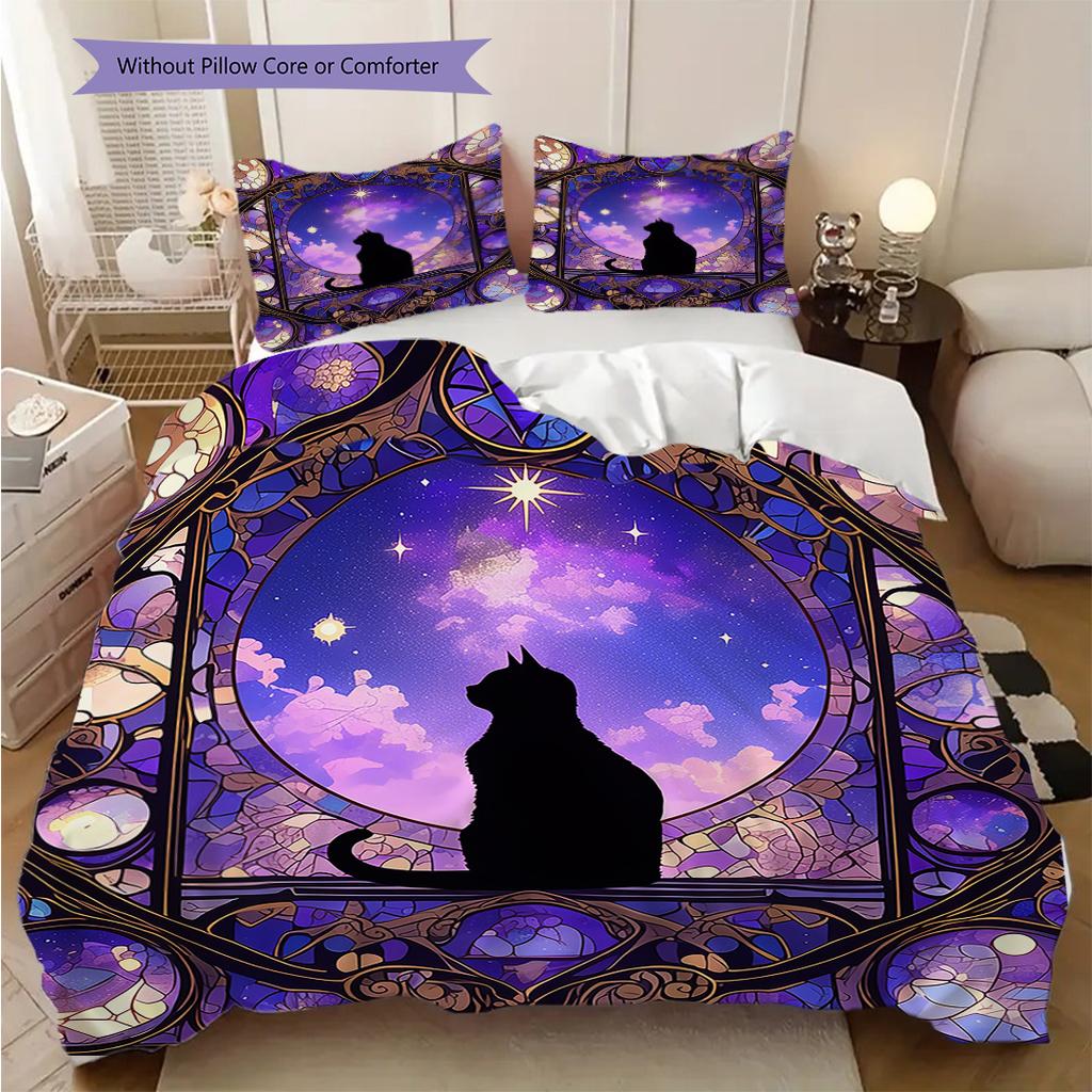 Black Cat Pattern Bedding Quilt Set Quilt Cover Pillowcase Home Decoration Birthday Gift (1 * Duvet Cover + 2 * Pillowcase, Without Core)