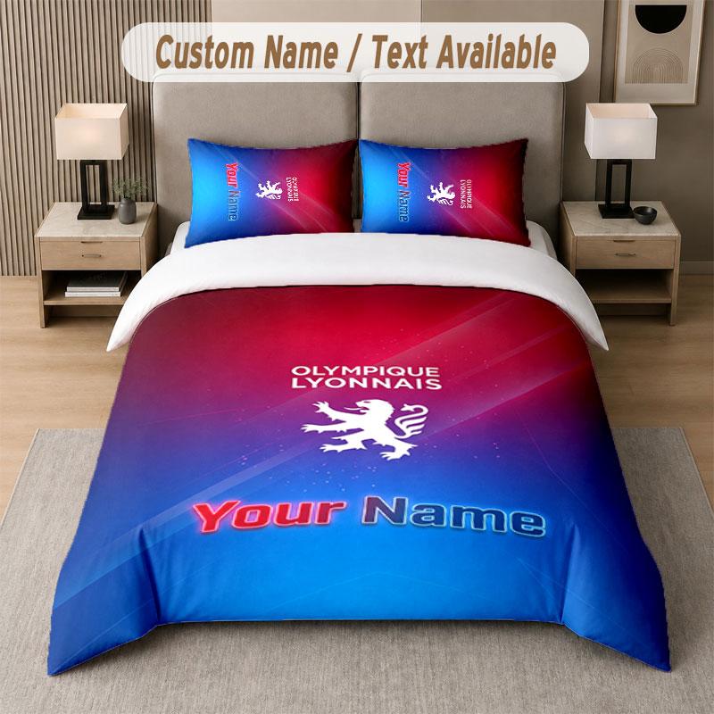 Custom Bedding Set Lyon FC Pattern, Print Name Text 1 Duvet Cover Plus 2 Pillowcases Home Textile