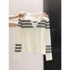 Black and White Contrasting Stripes Polo Lapel Long-sleeved Shirt Women's Spring and Autumn Slim-fit Temperament Knitted Top Cardigan
