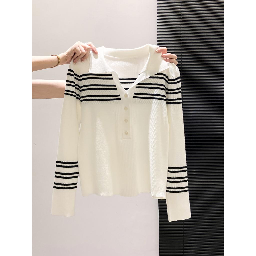Black and White Contrasting Stripes Polo Lapel Long-sleeved Shirt Women's Spring and Autumn Slim-fit Temperament Knitted Top Cardigan