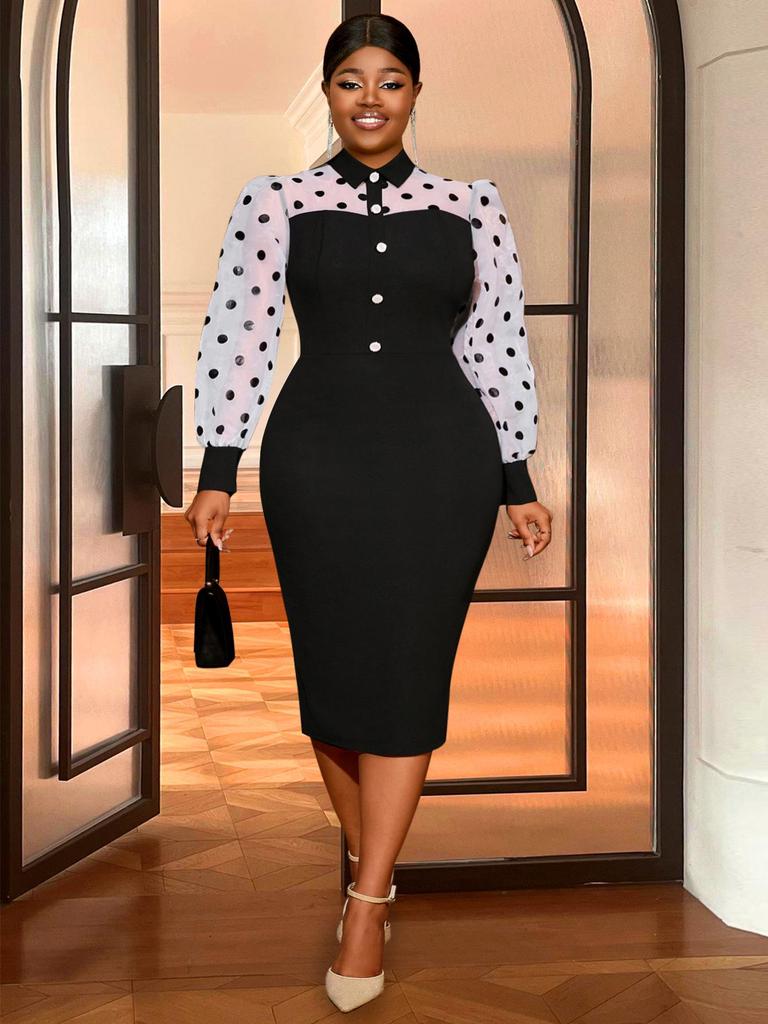 Plus Size Black & White Polka Dot Puff Sleeve Waist-Cinched Shirt Collar Work Dress