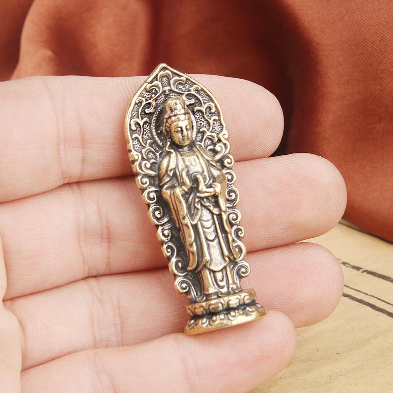 Antiker Messing Western Drei Heilige Bodhisattva Schreibtischornament Bronze Skulptur Buddha Hintergrundbeleuchtung Guanyin Statue