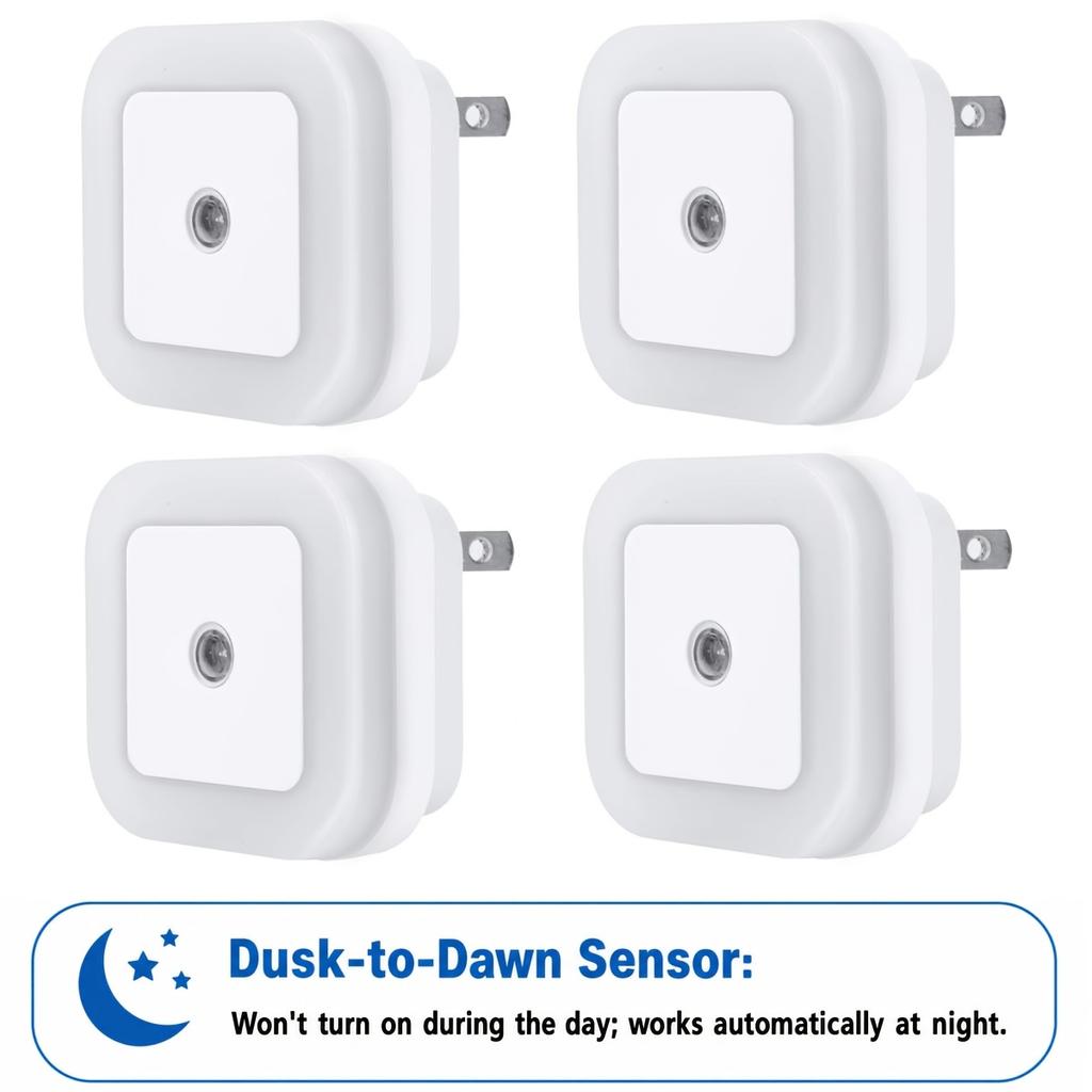 4pcs LED Plug-In Night Lights with Smart Sensor, Auto On/Off Nightlight for Bedroom, Kitchen, Stairs, Hallway & Bathroom