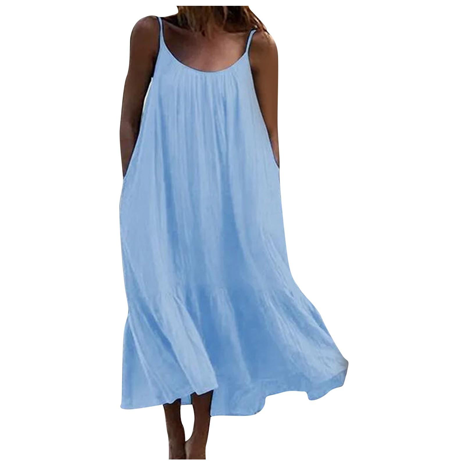 Women Sleeveless Dress Round Neck Belted Waist Casual Loose Fit Midi Dress Summer Beachwear XL синий