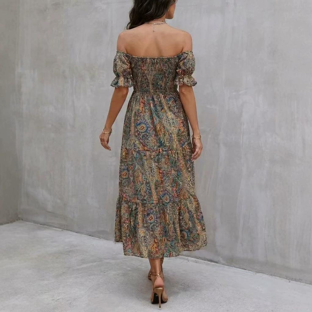 European and American Summer New Exotic Bohemian Vacation Style One-word Shoulder Princess Sleeve Dress