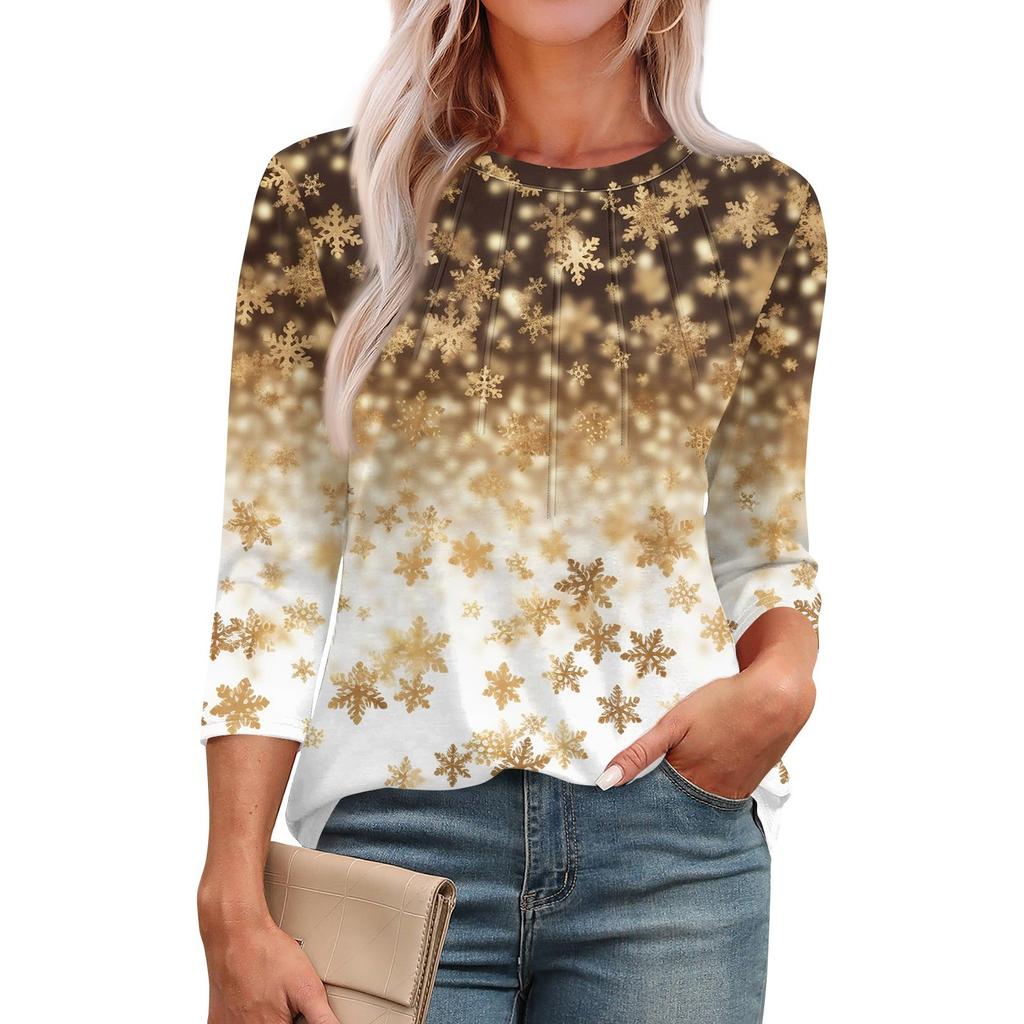 Women's Fashionable Round Neck 3/4 Sleeve Printed Casual Basic Pleated Pullover T-shirt Top