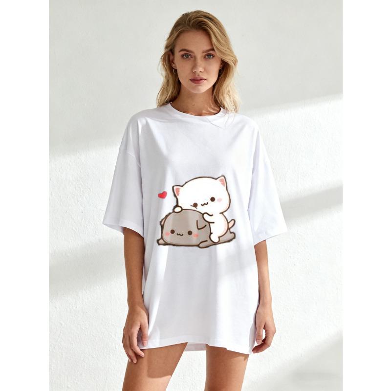 Women's Short-Sleeve T-Shirt with Cute Cartoon Cat & Gray Pet Heart Print