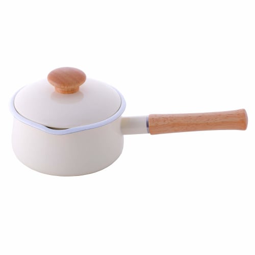 Fuji Enamel Milk Pan with Lid, 15cm, Direct Heat/Induction Compatible, Vanilla, Long Handle, Single-Handled Saucepan
