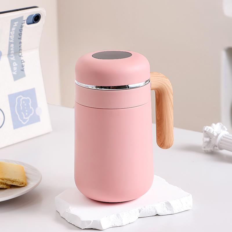 

480ml Stainless Steel 316 Thermal Cup With Filter High Quality Office Home Coffee Tea Thermos Mug With Wooden Handle рожевий