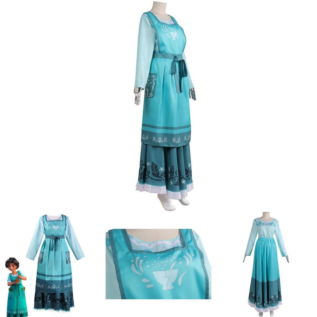 Encanto Julieta Madrigal Cosplay Kleid Kostüm Für Frauen Blumendruck Rundhalsausschnitt Kurzarm Midi Kleid Komplettanzug Outfit