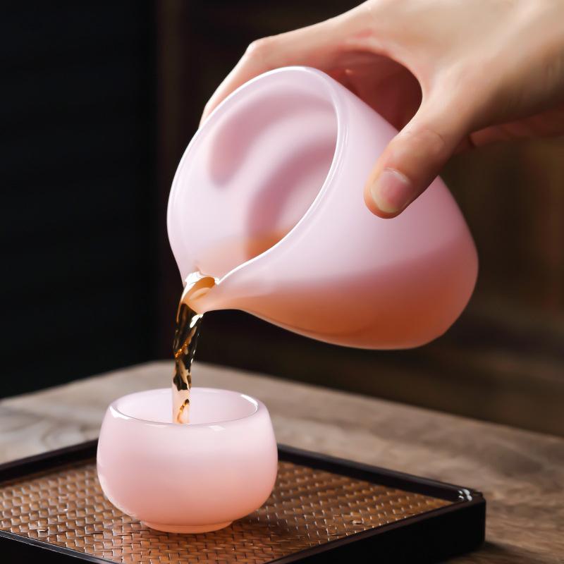 Hibiscus Jade Porcelain Teacup Pink Glazed Jade Kung Fu Tea Set Chinese Retro Style Tea Cup Entertain Guests Home Tea Set Gift