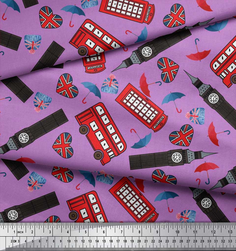 Soimoi Japan Crepe Satin Fabric Bus,Telephone Booth & London Clock Tower Architectural Print Sewing Fabric Metre 42 Inch