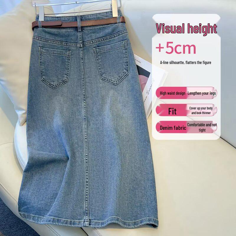 2025 Spring/Summer Front Slit High Waist Denim Midi Skirt - Light Blue, Retro Versatile