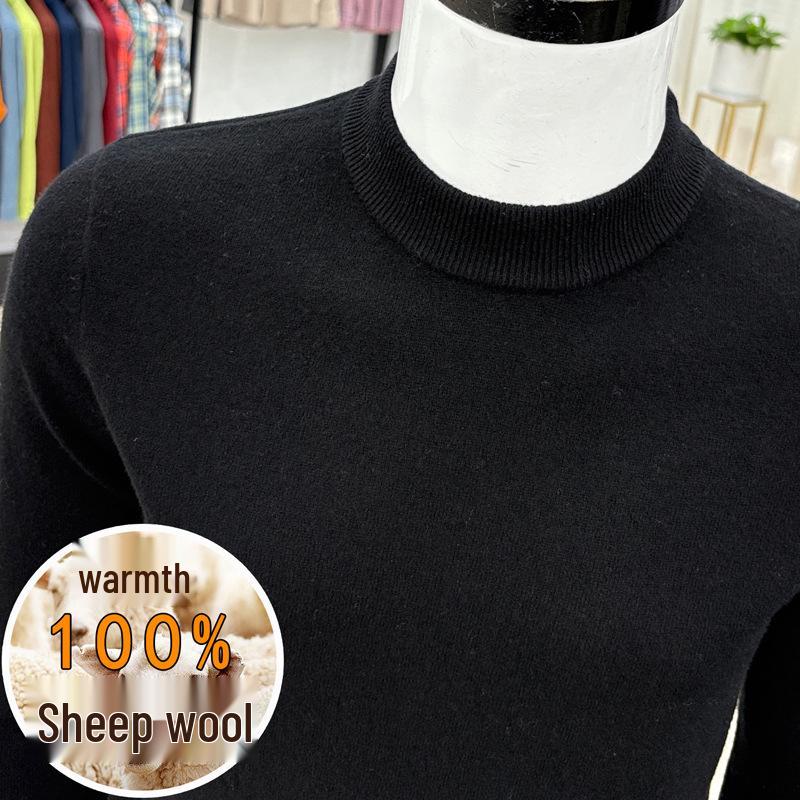 Men's Genuine Wool Sweater, 100% Pure Wool, Autumn/Winter Style, Half-High Neck, Solid Color Base Layer, Warm and Cozy.