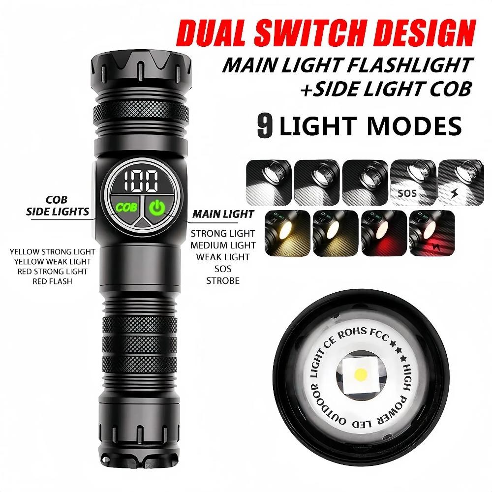 Rechargeable Magnetic Super Bright Flashlight with COB Side Light Long Range Zoom 16Hrs Runtime Waterproof for Camping