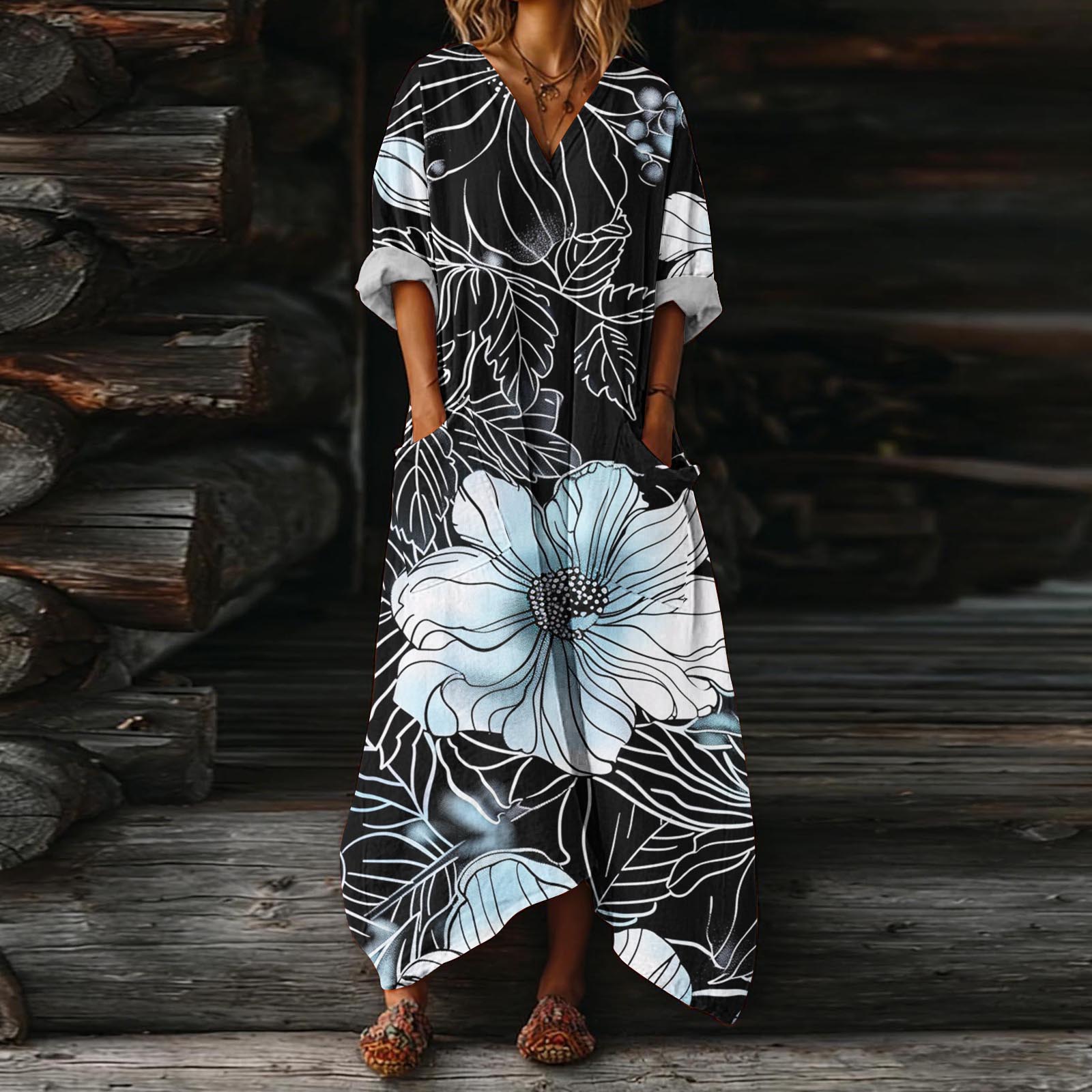 

Женское платье Повседневное Легкое Платье V-образный вырез Отпуск Бохо Пляжное Летнее платье XL синий