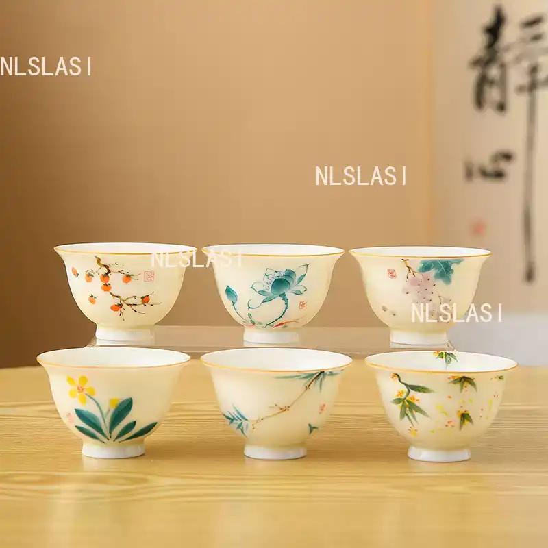 2PCS Ceramic Hand-painted Tea Cups Chinese Plant Patterned Tea Bowl Living Room Coffee Cup Household Tea Ceremony Accessories