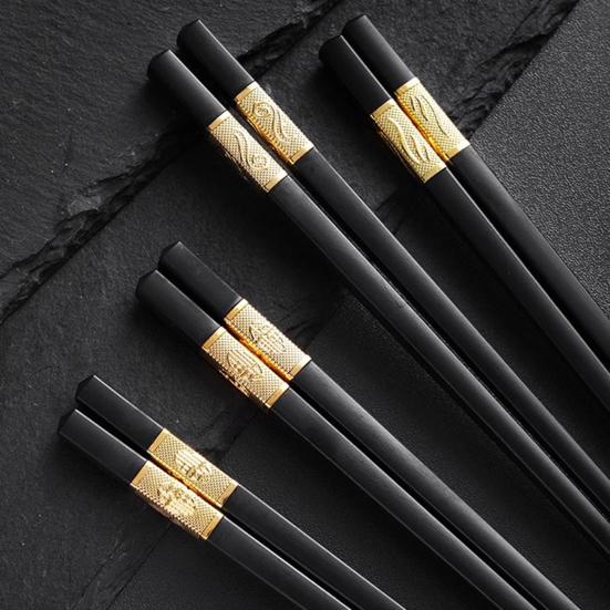 10 Pairs Plastic Chopsticks Black Gold Non-Slip Grip Micro-Tip Design Chopsticks Ergonomic Cylindrical Sushi Sticks for Chinese Japanese Food Elegant