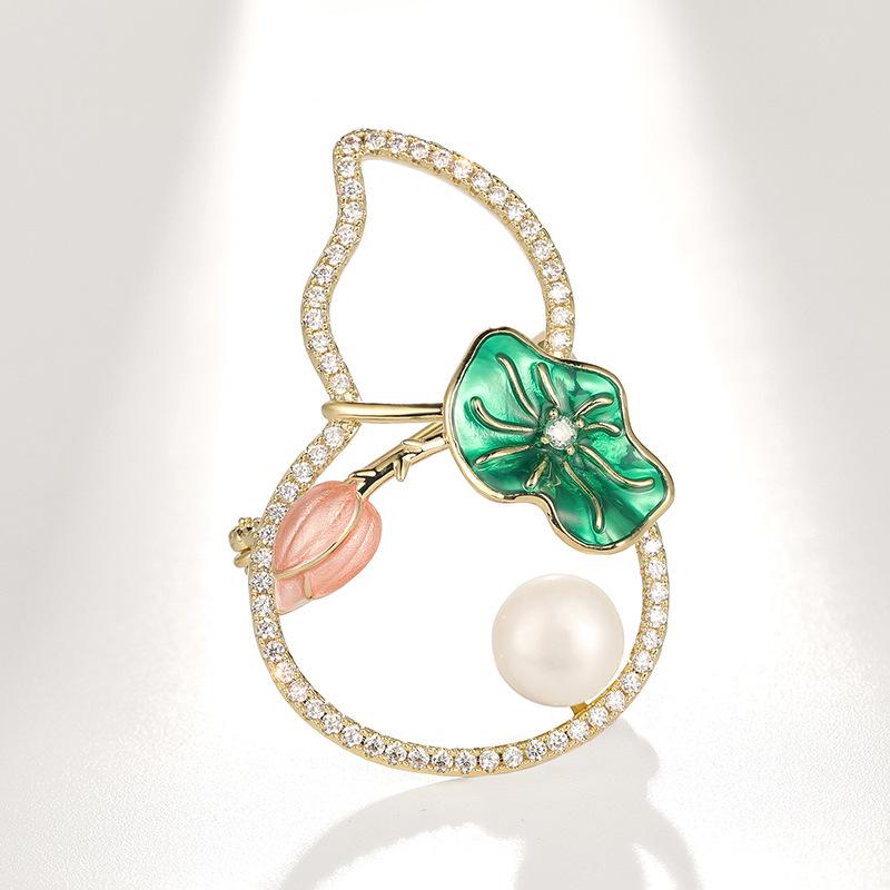 Bo Xin Yun High-End Zircon Gourd Brooch with Lotus Leaf and Freshwater Pearl