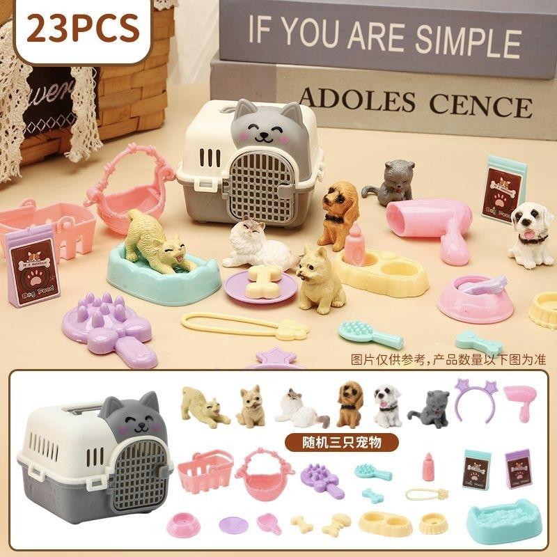 Mini-Tierkatze-Hund-Figur Spielset, Rollenspiel-Tierpflege-Spielzeugset mit Käfig-Futterzubehör für Kinder