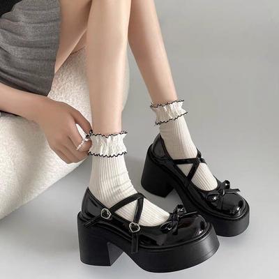 Mary Jane Shoes Women's Autumn and Winter New Round Head with Lolita High Heel One-word Buckle Light Mouth Loafer Single Shoes
