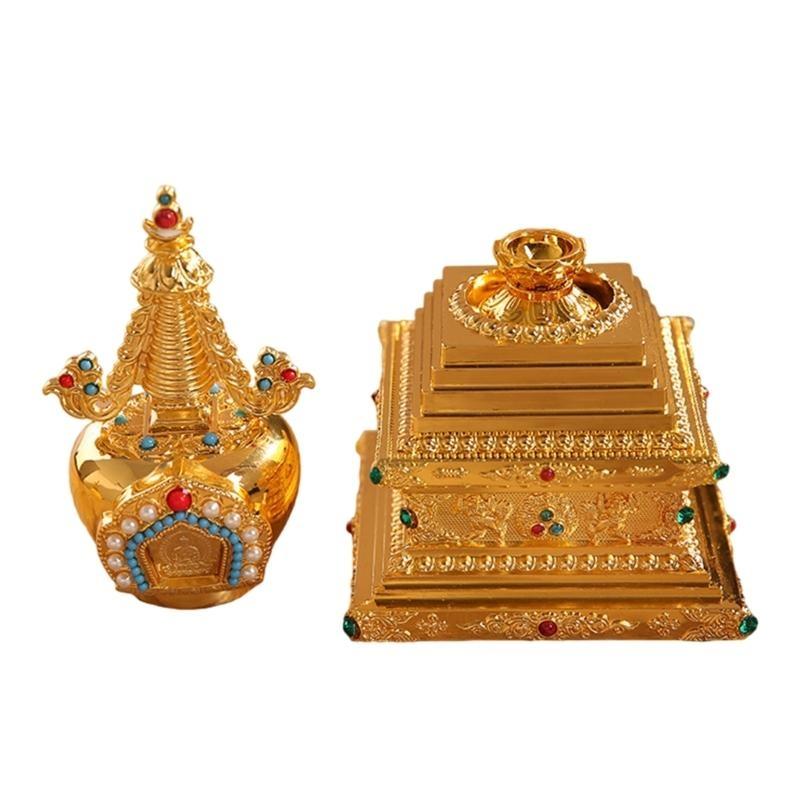Traditional Tibetan Stupa Decoration with Pearls Relics Metal Buddhas Pagoda Statue for Meditations and Spiritual Decors