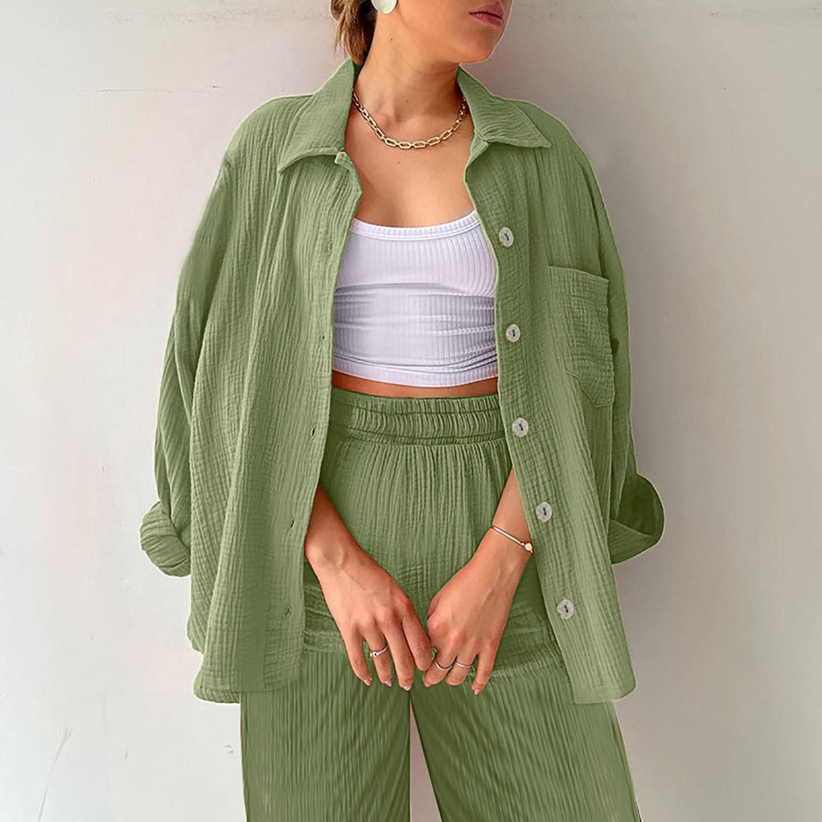 

Two Piece Suit Women Summer Muslin Shirt And Trousers Clothes Two Piece Beachwear Suit Two Piece Suit Women L світло-зелений колір