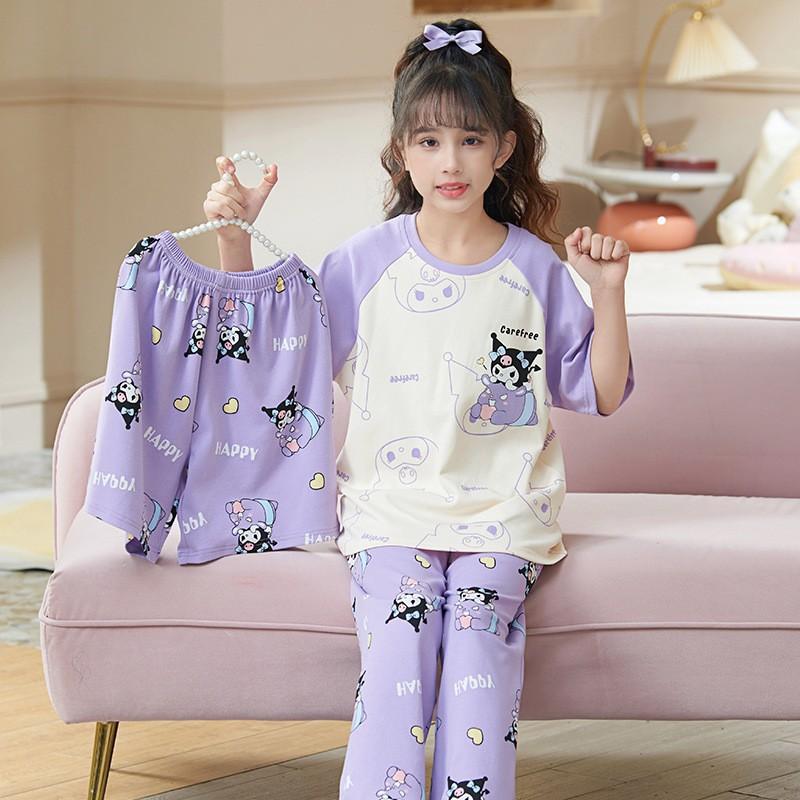 Girls Cotton Pajama Set Lightweight Short Sleeve Long Pants 3-Piece Sleepwear Kids Ages 8