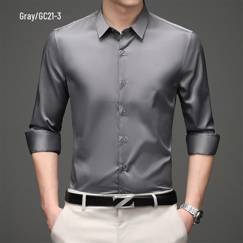 Men's Solid Color Iron-Free Stretch Korean Style Slim Fit Long Sleeve Business Casual Shirt - White